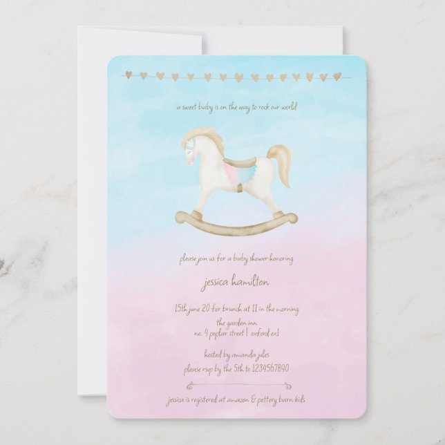 Rocking Horse Blue Pink Gender Neutral Baby Dusche Einladung (Vorderseite)