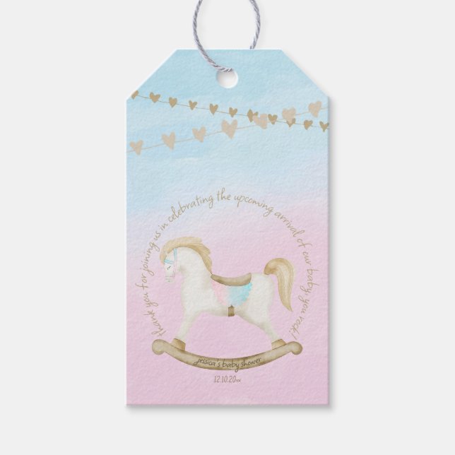 Rocking Horse Blue Pink Gender Neutral Baby Dusche Geschenkanhänger (Vorderseite)