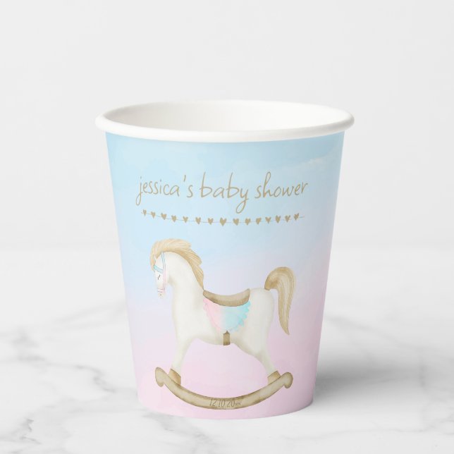 Rocking Horse Blue Pink Gender Neutral Baby Dusche Pappbecher (Vorderseite)