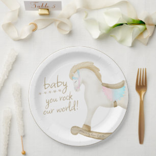 Rocking Horse Blue Pink Gender Neutral Baby Dusche Pappteller