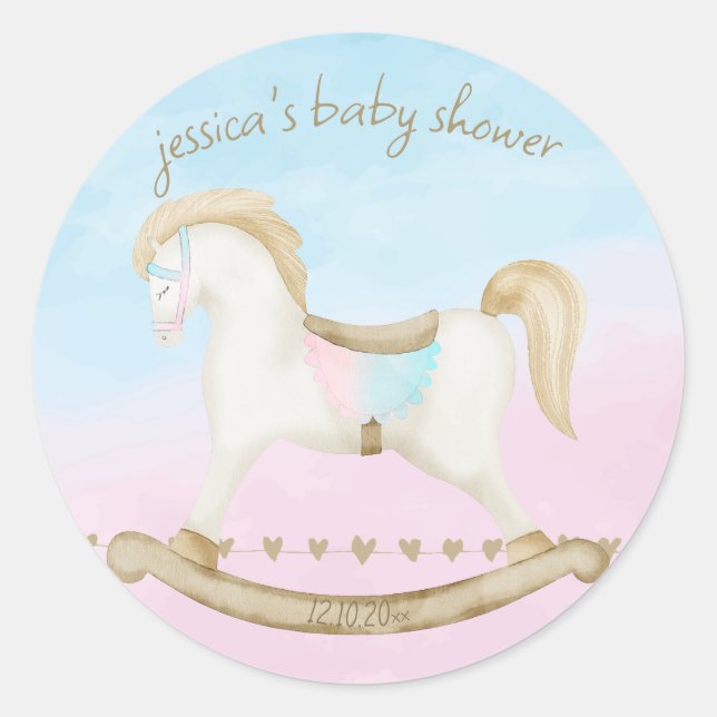Rocking Horse Blue Pink Gender Neutral Baby Dusche Runder Aufkleber (Vorderseite)