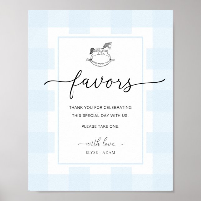 Rocking Horse Gingham Blue Gingham Favors Sign Poster (Vorne)