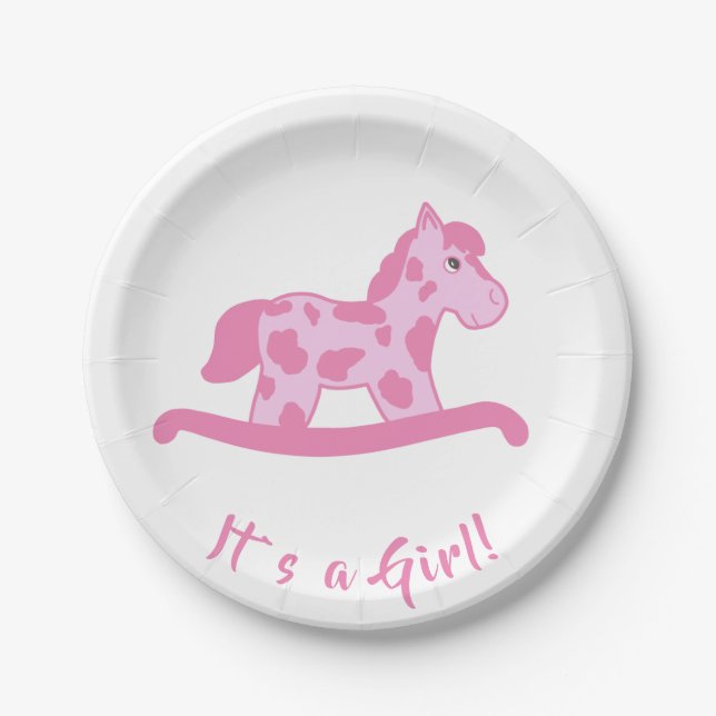 Rocking Horse Girl Babydusche Es ist ein Mädchen Pappteller (Vorderseite)