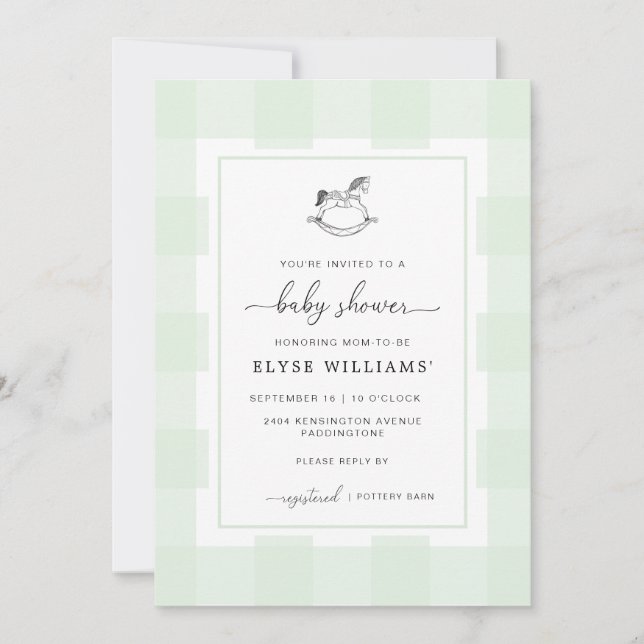 Rocking Horse Green Gingham Baby Shower Einladung (Vorderseite)