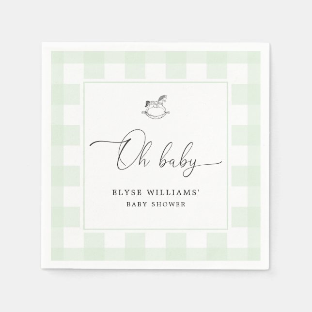 Rocking Horse Green Gingham Oh Baby Paper Napkin Serviette (Vorderseite)