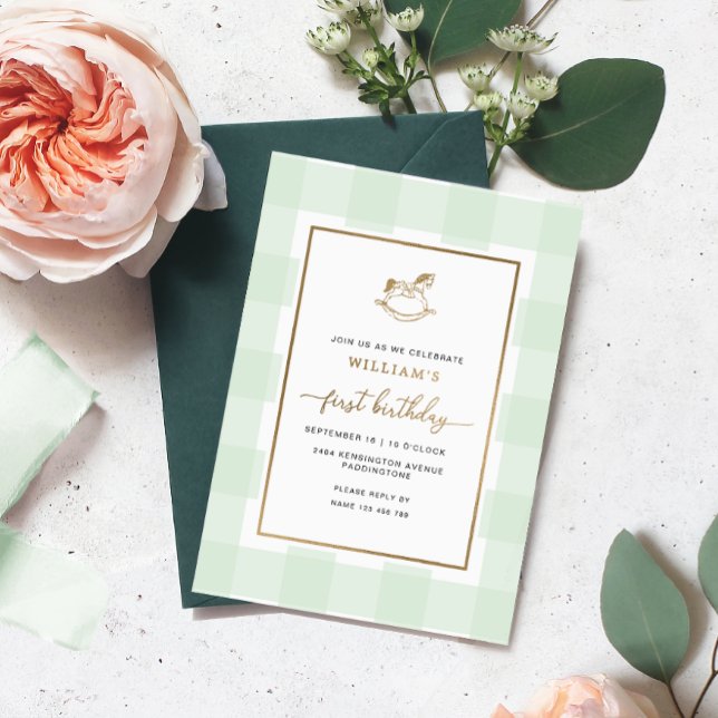 Rocking Horse Mint Gingham Birthday Foil Einladung (First Birthday Rocking Horse Invitation)