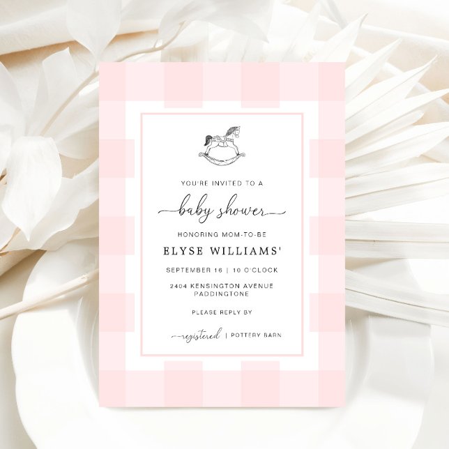 Rocking Horse Pink Gingham Baby Shower Einladung (Baby Shower Invitation Pink Gingham Rocking Horse )