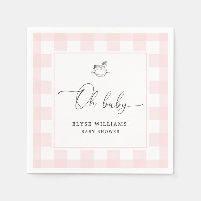 Rocking Horse Pink Gingham Oh Baby Paper Napkin Serviette (Vorderseite)