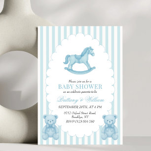 Rocking Horse Preppy Bear Blue Baby Dusche Einladung