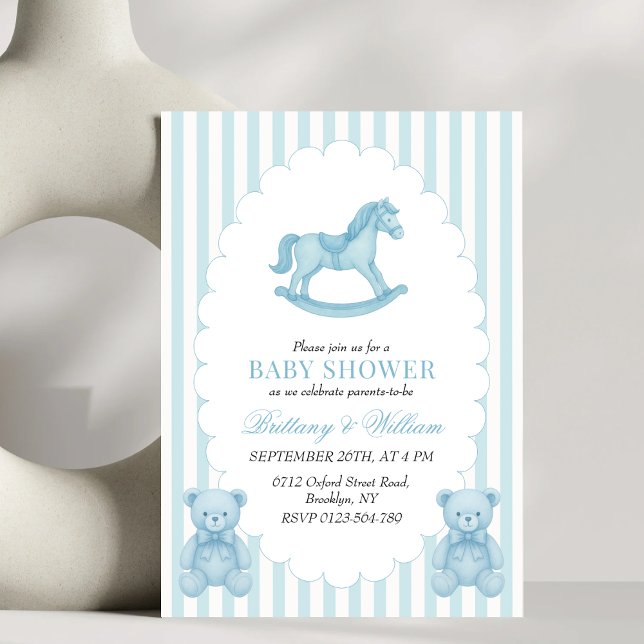 Rocking Horse Preppy Bear Blue Baby Dusche Einladung (Von Creator hochgeladen)
