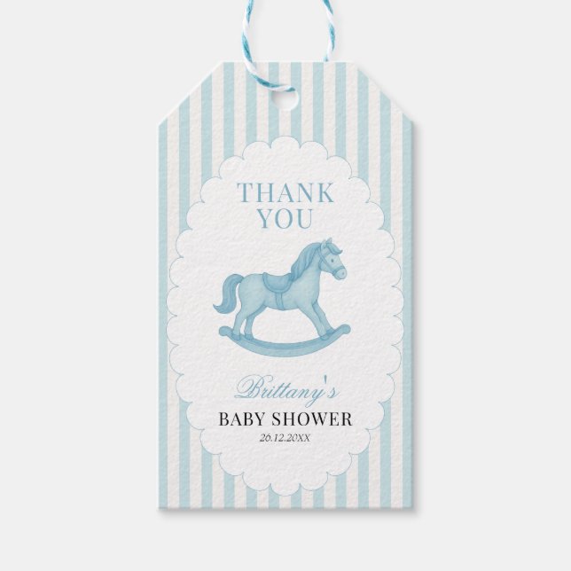 Rocking Horse Preppy Bear Blue Baby Dusche Geschenkanhänger (Vorderseite)