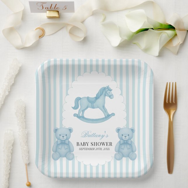 Rocking Horse Preppy Bear Blue Baby Dusche Pappteller (Hochzeit)