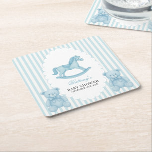 Rocking Horse Preppy Bear Blue Baby Dusche Rechteckiger Pappuntersetzer