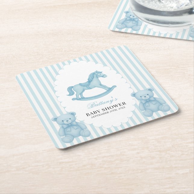 Rocking Horse Preppy Bear Blue Baby Dusche Rechteckiger Pappuntersetzer (angewinkelt)