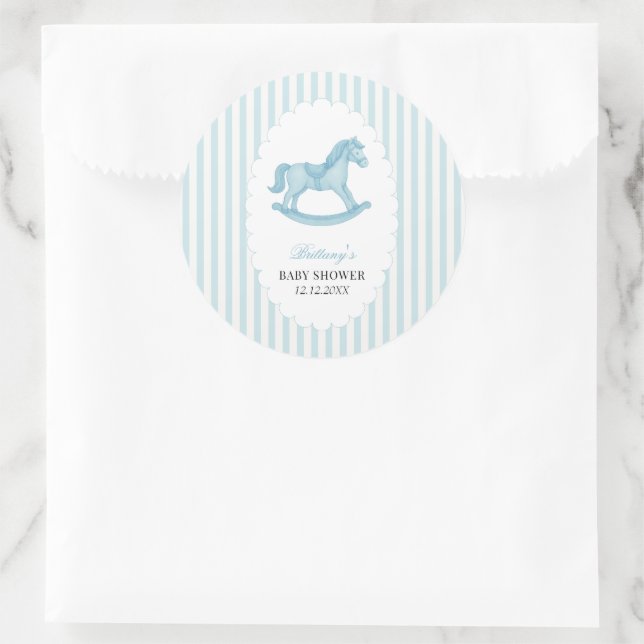Rocking Horse Preppy Bear Blue Baby Dusche Runder Aufkleber (Tasche)