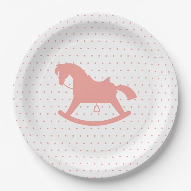 Rocking Horse Silhouette Baby Shower Plate Pink Pappteller (Vorderseite)