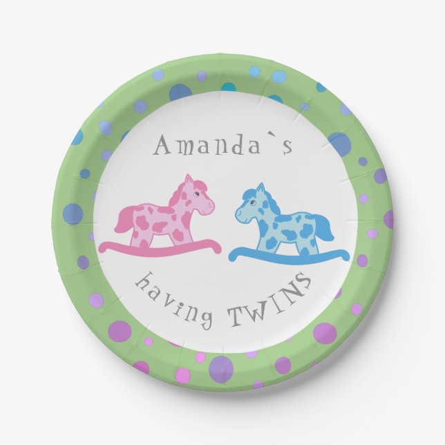 Rocking Horse Twins Baby Shower Party Pappteller (Vorderseite)