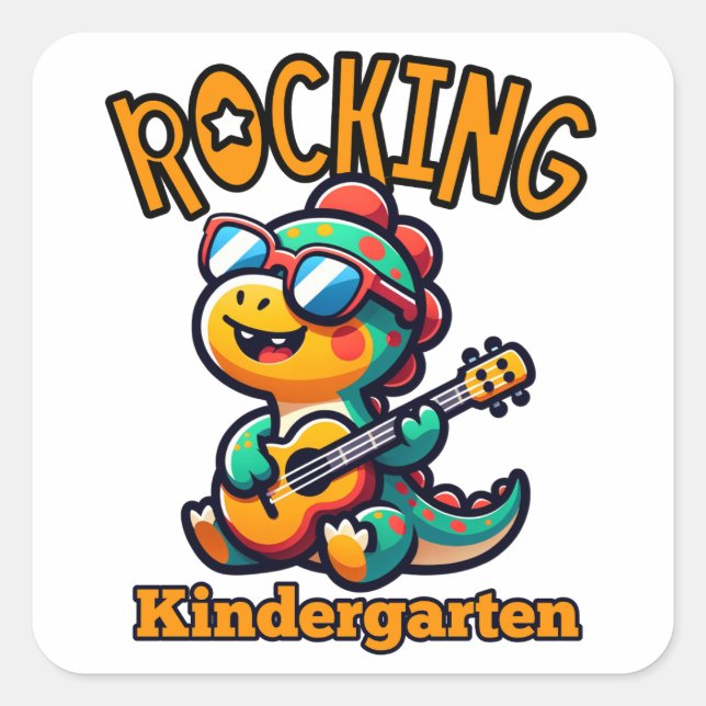 Rocking Kindergarten Dinosaur with guitar  Quadratischer Aufkleber (Vorderseite)