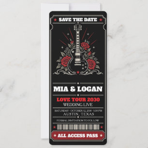 Rockkonzert-Ticket Schwarz Rote Gitarre Rosen Hoch Save The Date
