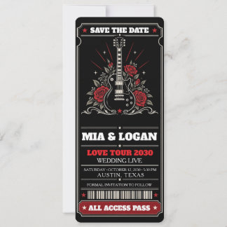 Rockkonzert-Ticket Schwarz Rote Gitarre Rosen Hoch Save The Date