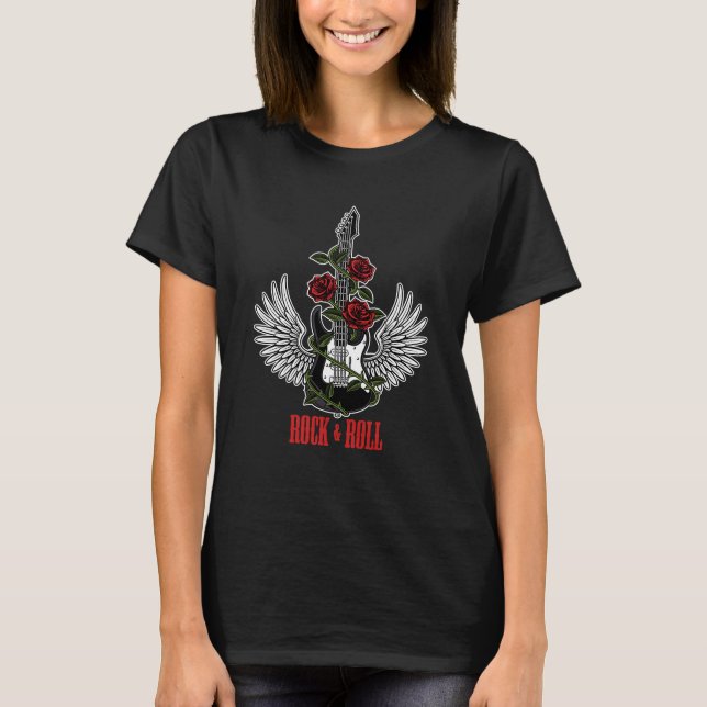 Rock'n'Roll Angel Wings Red Blume Music Guitar Pl T-Shirt (Vorderseite)