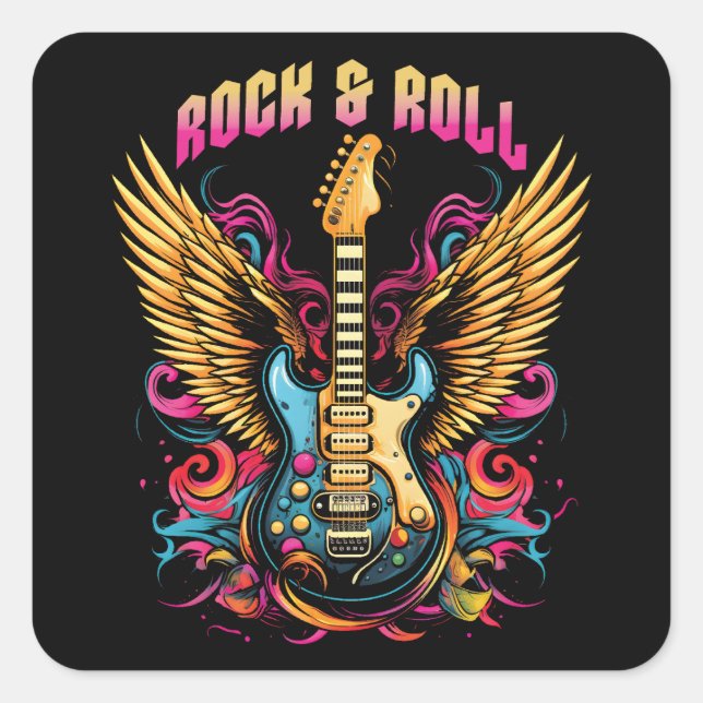 Rock'n'Roll Guitar Flügel Quadratischer Aufkleber (Vorderseite)