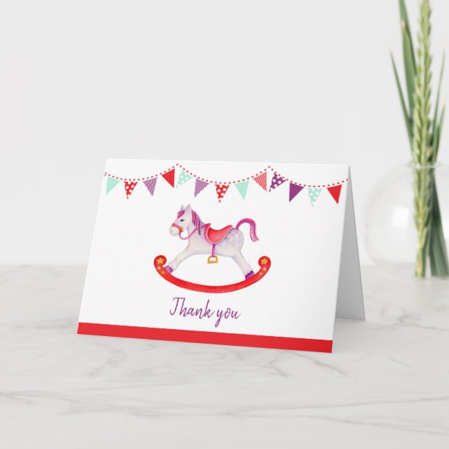 Rockpferd Babydusche Rot lila vielen Dank Dankeskarte (Vorderseite)