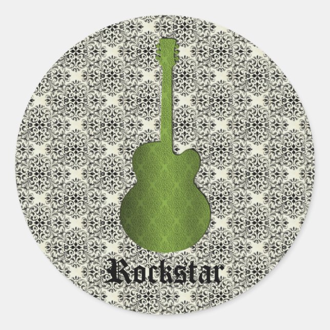 Rockstar Damask Gitarren-Aufkleber, Olive Green Runder Aufkleber (Vorderseite)