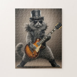 Rockstar-Katze spielt elektrische Gitarre in Leder