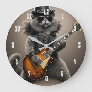 Rockstar-Katze spielt elektrische Gitarre in Leder Große Wanduhr