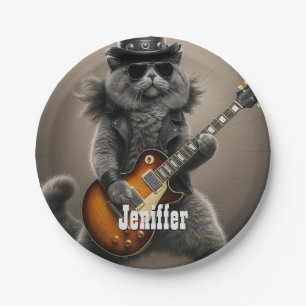 Rockstar-Katze spielt elektrische Gitarre in Leder Pappteller