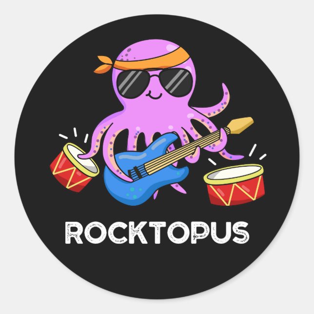 Rocktopus Funny Rock Band Octopus Puck Dark BG Runder Aufkleber (Vorderseite)