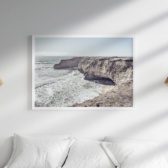 Rocky Beach Poster (Rocky Beach Ocean Shore Poster in a boho white bedroom with pillows.)
