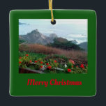 Rocky California Coast Rocky Point Keramikornament<br><div class="desc">This Christmas ornament features a scenic, rocky 101 California coastal highway scene. Merry red flowers dot the hillside as the vista sweeps into the rocky Pacific coastline, as thunderous waves crash onto huge boulders. This orignal photograph was taken near Rocky Point Restaurant, south of Carmel-by-the-Sea and Garrapata State Beach along...</div>