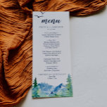 Rocky Mountain Hochzeit in Urlaubsort Dinner Menü Menükarte<br><div class="desc">Diese Rocky Mountain Hochzeit in Urlaubsort Dinner-Karte ist ideal für eine Hochzeit im Freien. Das Design zeichnet sich durch eine blau-grün gestrichene Wildnislandschaft mit Aquarellkiefern,  Vögeln und Bergen aus. Diese Speisekarte kann für Hochzeitsfeiern,  Proben oder jede Veranstaltung verwendet werden.</div>