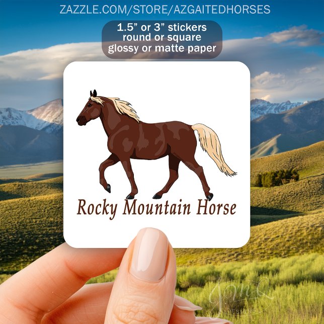 Rocky Mountain Horse Silhouette Kastanien Quadratischer Aufkleber (Sticker featuring a chestnut Rocky Mountain Horse with flaxen mane and tail and text reading “Rocky )