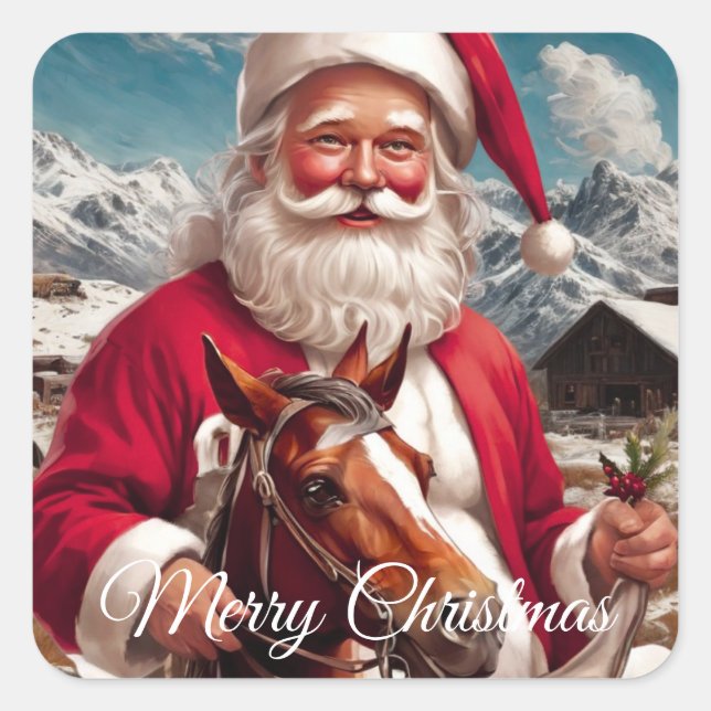Rocky Mountain Santa und sein Pferd Quadratischer Aufkleber (Vorderseite)