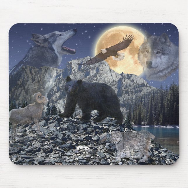 Rocky Mountain Wildlife Wolf, Bär, Adler, Mond Mousepad (Vorne)