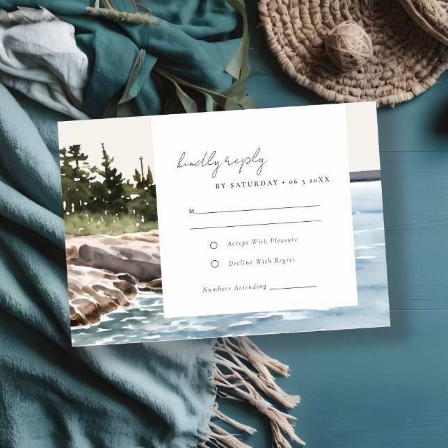 Rocky Pine Mountain Seascape Wasserfarbene Hochzei RSVP Karte (Von Creator hochgeladen)