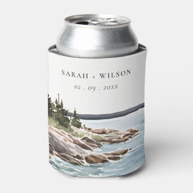 Rocky Pine Mountain Wasserfarbe Seascape Hochzeit Dosenkühler (Kanne Vorderseite)