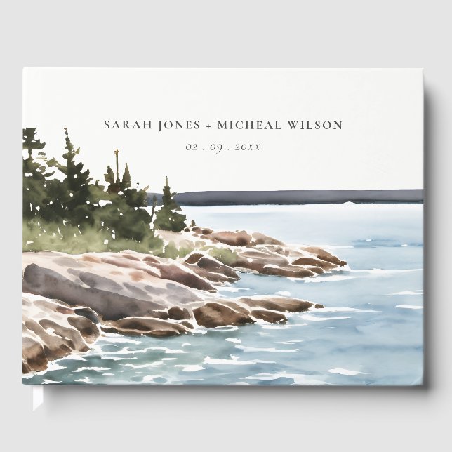 Rocky Pine Mountain Wasserfarbe Seascape Hochzeit Gästebuch (Vorderseite)