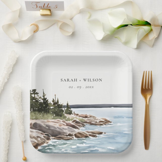 Rocky Pine Mountain Wasserfarbe Seascape Hochzeit Pappteller (Hochzeit)
