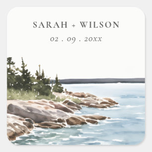Rocky Pine Mountain Wasserfarbe Seascape Hochzeit Quadratischer Aufkleber