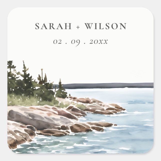 Rocky Pine Mountain Wasserfarbe Seascape Hochzeit Quadratischer Aufkleber (Vorderseite)