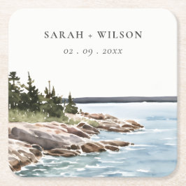 Rocky Pine Mountain Wasserfarbe Seascape Hochzeit Rechteckiger Pappuntersetzer