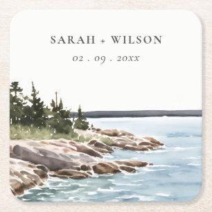 Rocky Pine Mountain Wasserfarbe Seascape Hochzeit Rechteckiger Pappuntersetzer