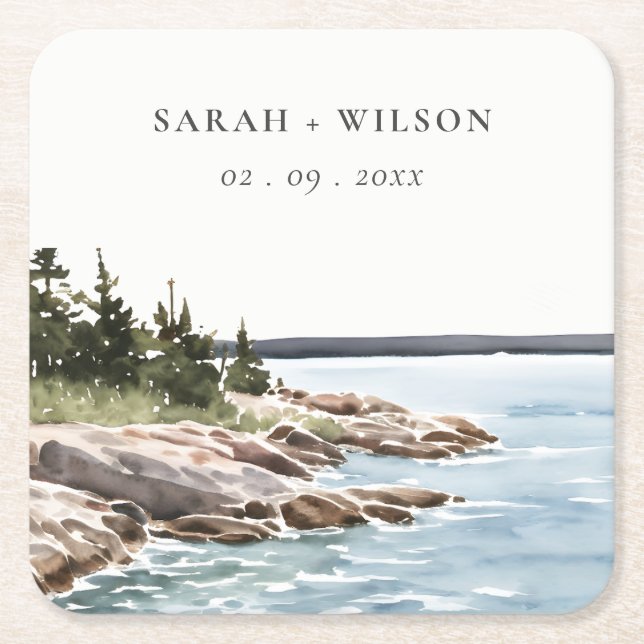 Rocky Pine Mountain Wasserfarbe Seascape Hochzeit Rechteckiger Pappuntersetzer (Vorderseite)