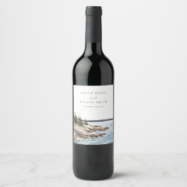 Rocky Pine Mountain Wasserfarbe Seascape Hochzeit Weinetikett