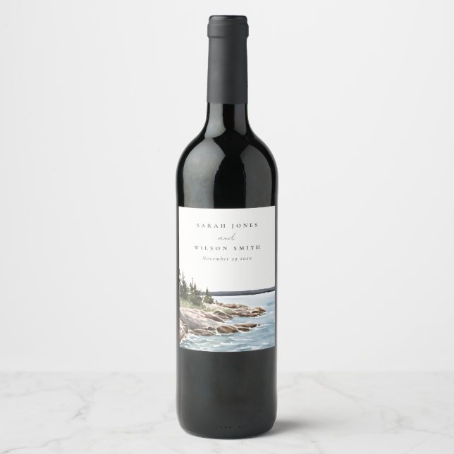Rocky Pine Mountain Wasserfarbe Seascape Hochzeit Weinetikett (Vorderseite)