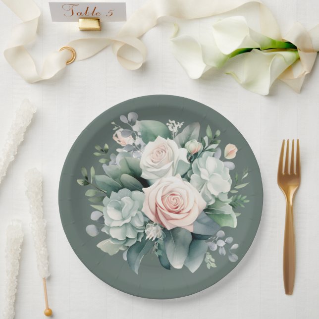 Rocky River Deep Green Blush Pink Roses Dusche Pappteller (Hochzeit)